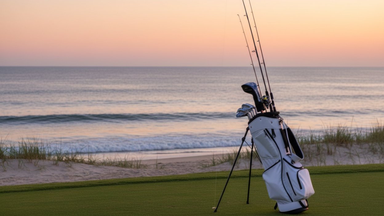 About Us header - realistic golf bag with fishing rods