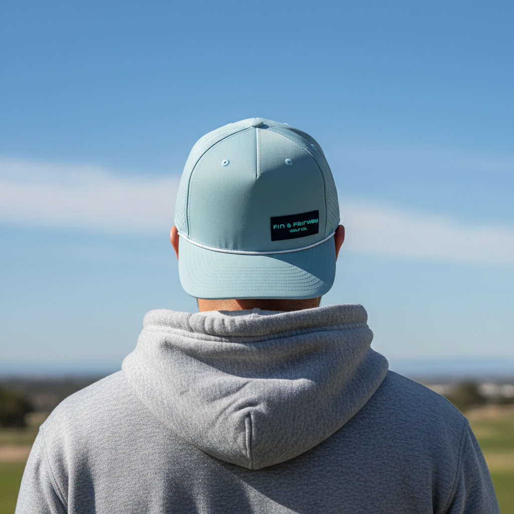 Bluefin Hat - Back View Worn Backwards with Hoodie