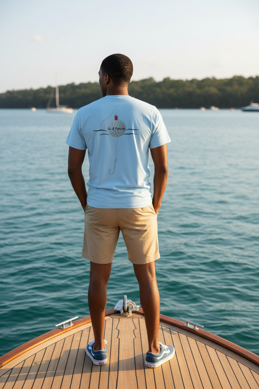 Model wearing Fin & Fairway tee on boat deck