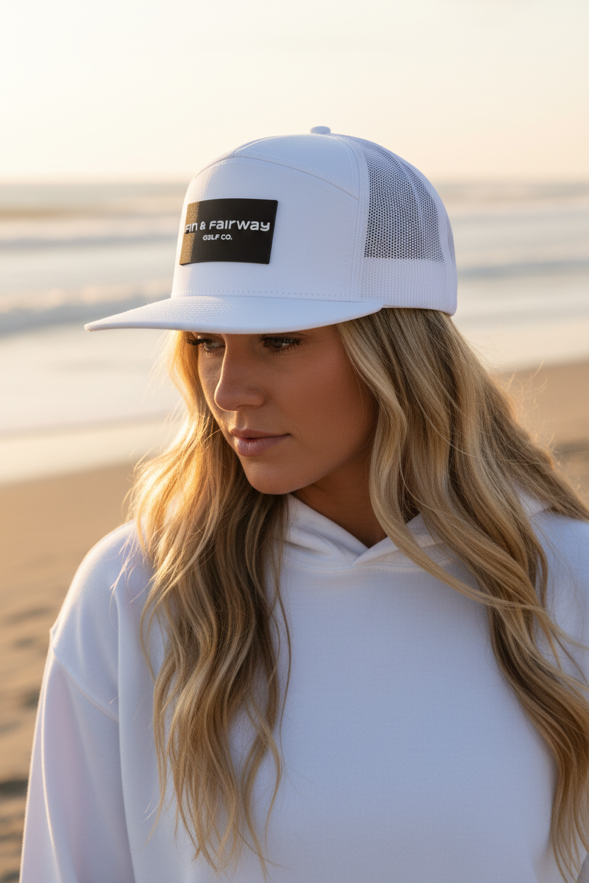 White Flat Bill Hat with Blank Hoodie Beach